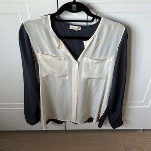 Satin navy and ivory button down blouse